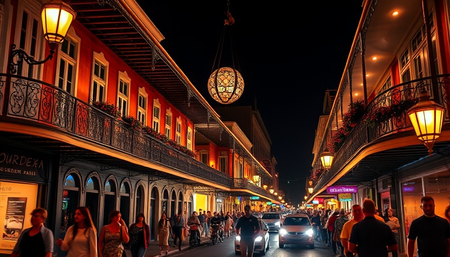 Bourbon Street at night, vibrant and safe atmosphere.