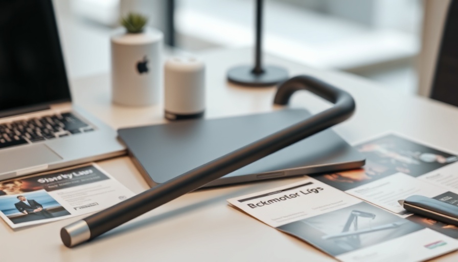 Smart cane with brochures and laptop on desk, highlighting technology.