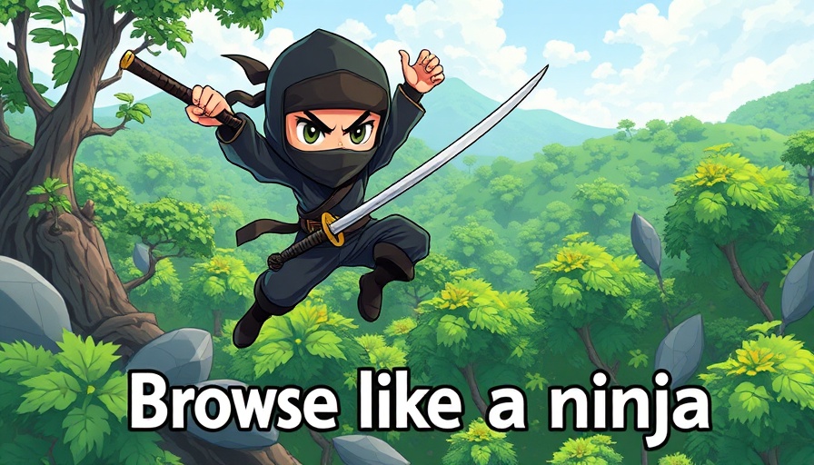 AdGuard VPN illustrated ninja leaping with text 'Browse like a ninja'.