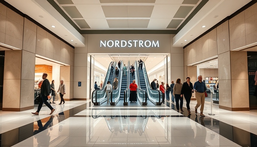 Nordstrom sales in bright shopping mall entrance.