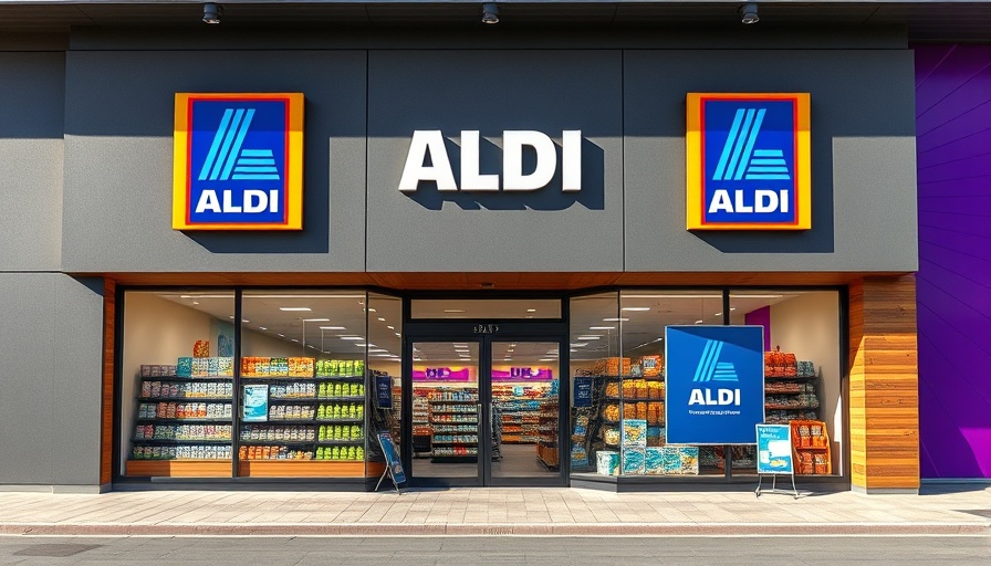 Aldi supermarket storefront with logo, purple background.