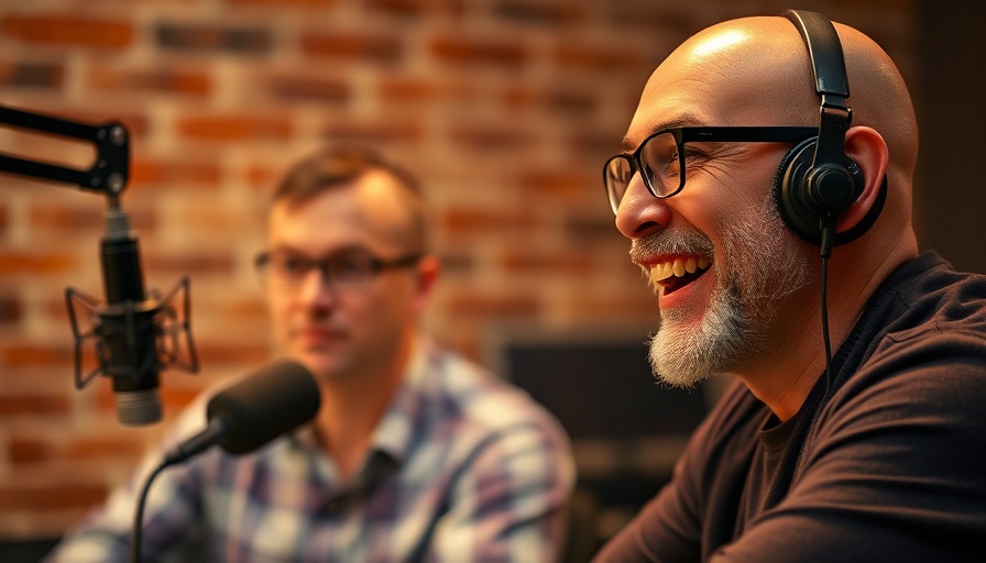 Smiling bald man at a podcast discussing tough conversations.