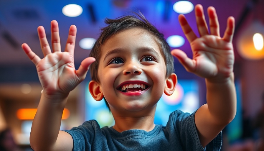 Inviting Jesus: Young boy smiling joyfully indoors with hands raised.