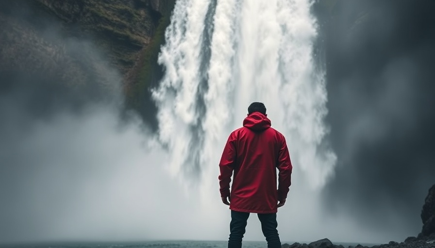 Person in red jacket gazing at large waterfall, mist rising around.