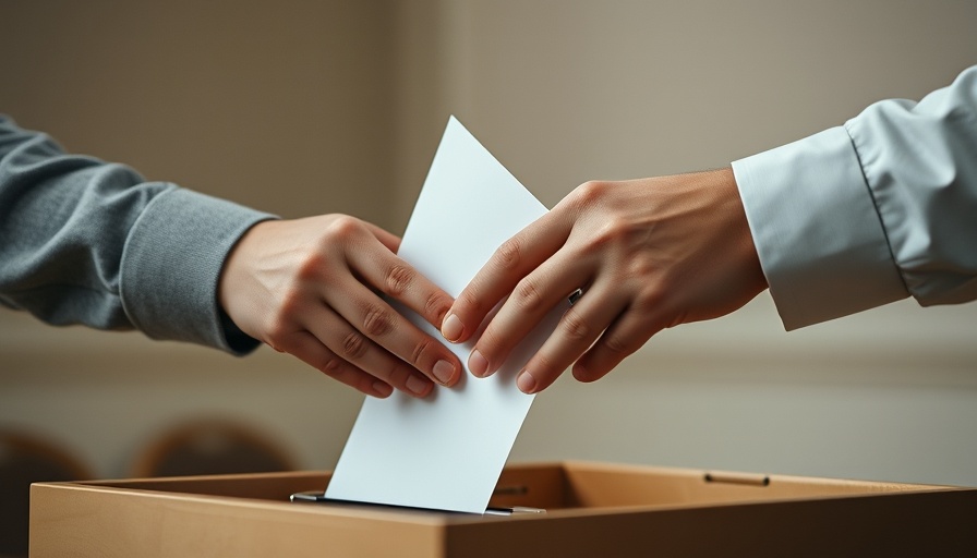 Hands submitting a ballot into a box, voting concept.