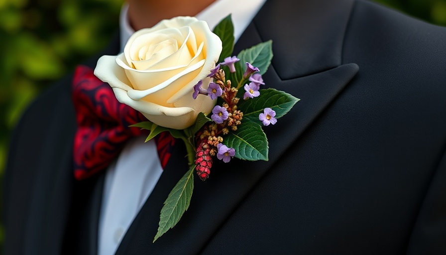 Aaron Williams Abide: Close-up of white rose boutonniere with red bow tie.