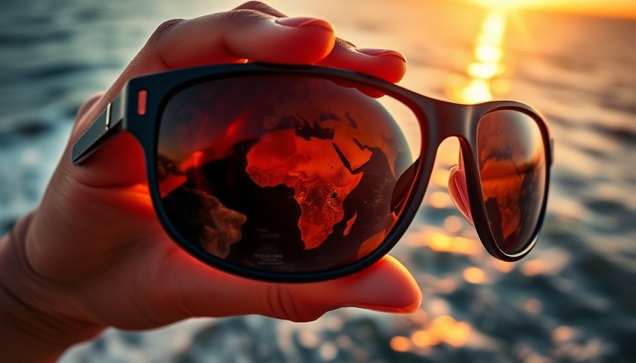 Sunglasses reflecting Earth over ocean at sunset, youth worship theme.