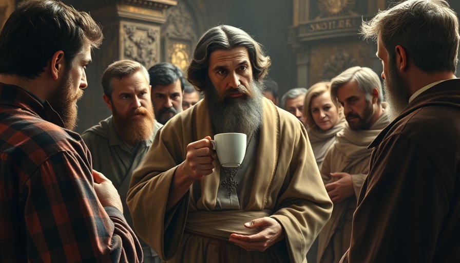 Religious art style scene featuring coffee cup in conversation, Christian coffee culture.