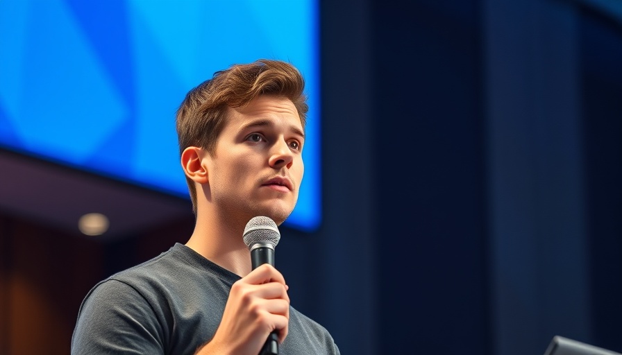 Young man during AI economic zones conference, speaking on stage.