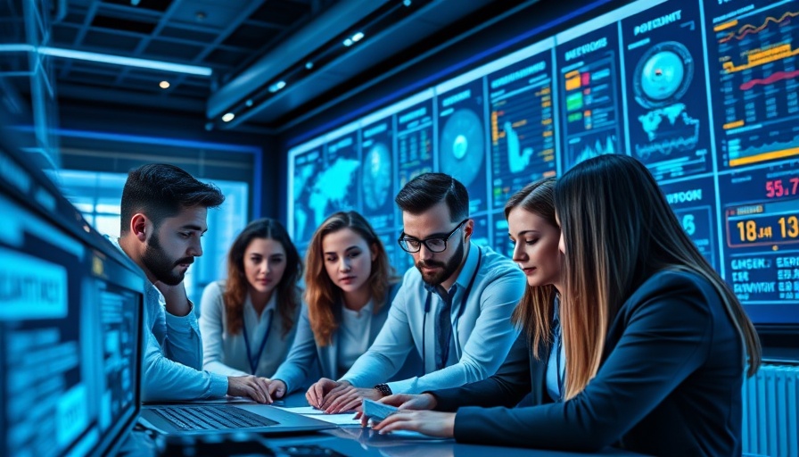 AI security team analyzing data on digital screens in high-tech room.