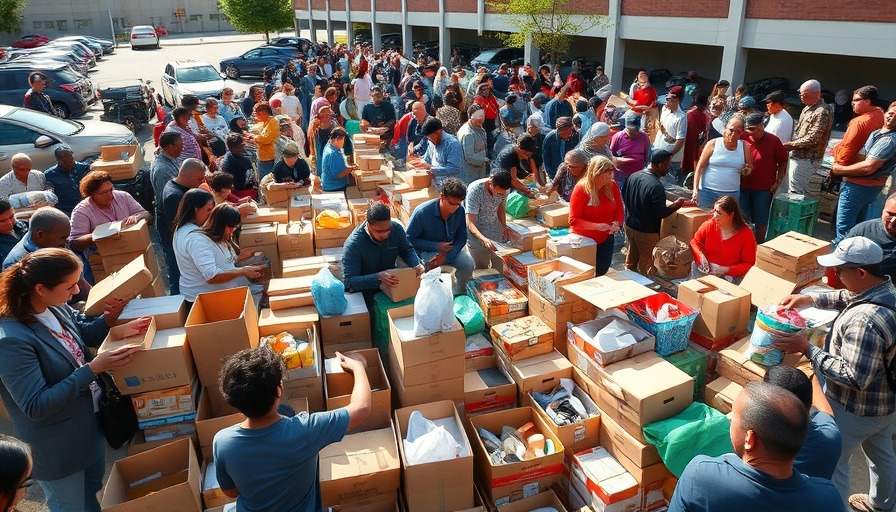 Community engaging in philanthropy, sorting donations outdoors.