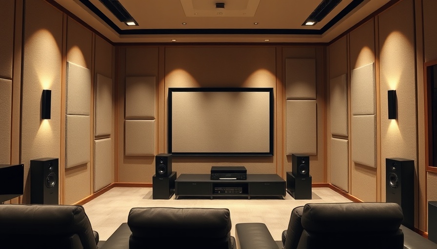 Modern home theater with sound absorption panels and speakers.