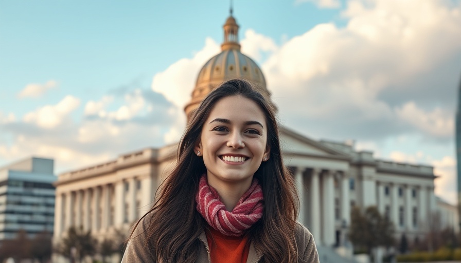 Young woman engaging in community with a government building backdrop.