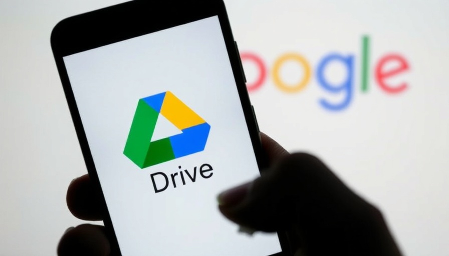 Smartphone with Google Drive logo and Google update background.