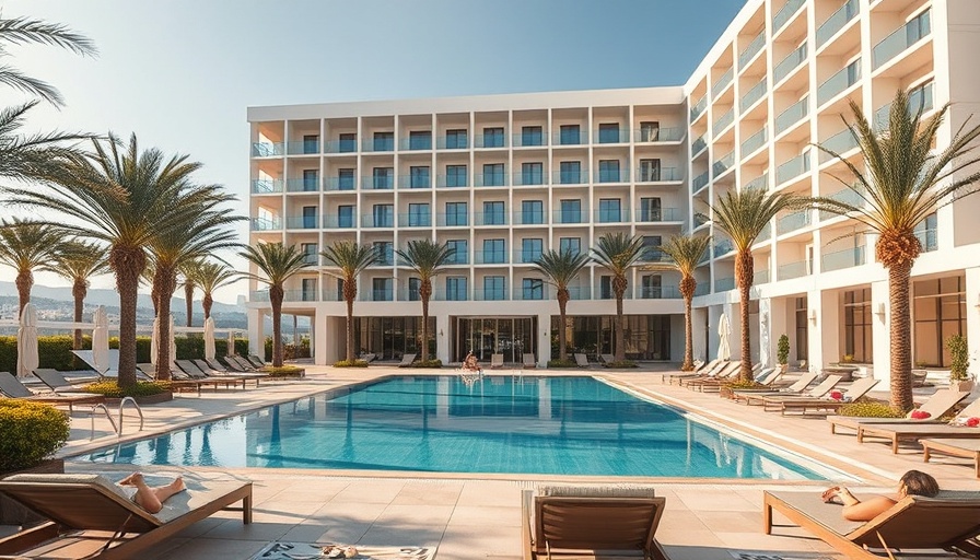 Modern AI hotel with pool and palm trees.