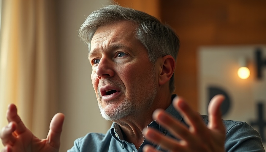 Middle-aged man speaking with passion and action indoors.