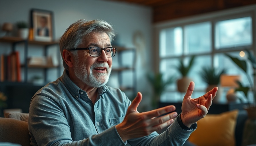 Man discussing in cozy room, warm lighting, cinematic style.