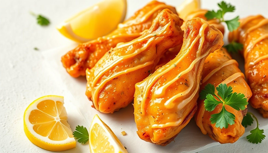 Garlic parmesan wings with lemon wedges and parsley garnish.