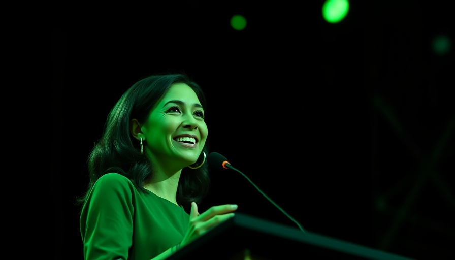 Monochromatic green speaker smiling on stage, Holy Spirit Power.