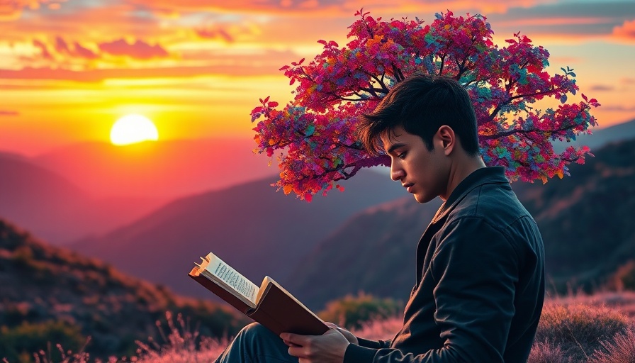 Abstract scene of man reading under a colorful tree at sunset, biblical theology