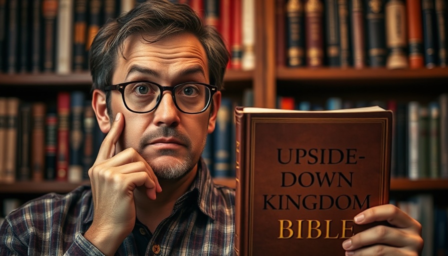 Thoughtful man analyzing book 'Upside-Down Kingdom Bible', dramatic setting.