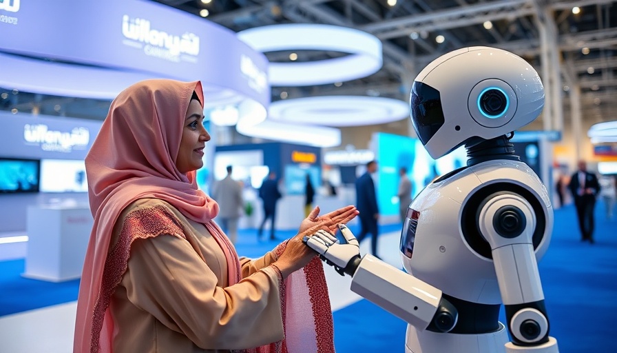 Gulf tech superpowers: Woman interacts with robot at expo.