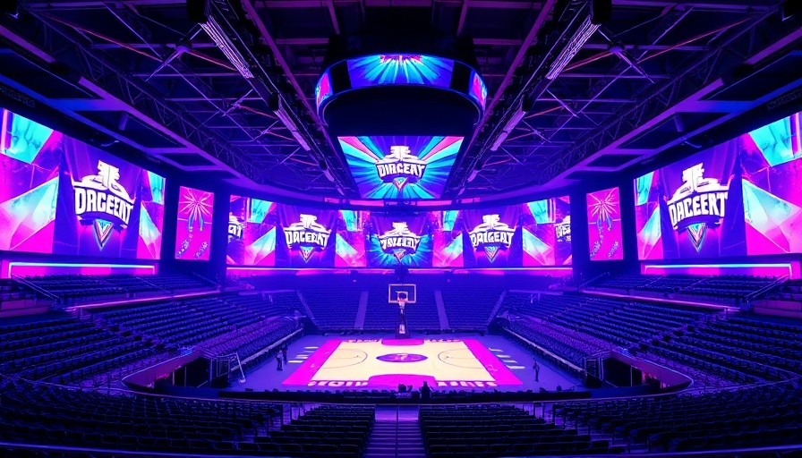 Unrivaled women's basketball league futuristic arena interior.