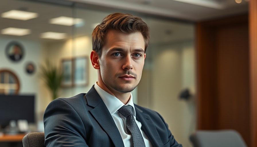 Young man in suit with calm demeanor in office setting.