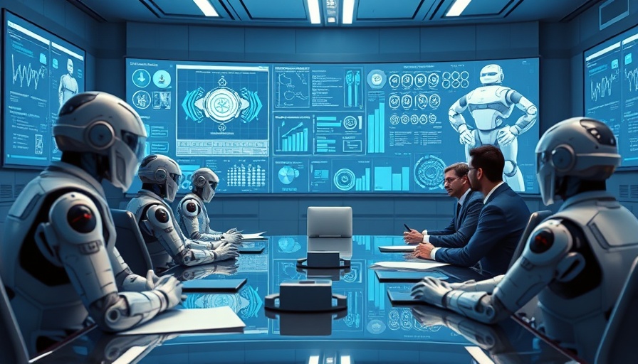 Futuristic boardroom meeting with advanced AI agents and professionals.