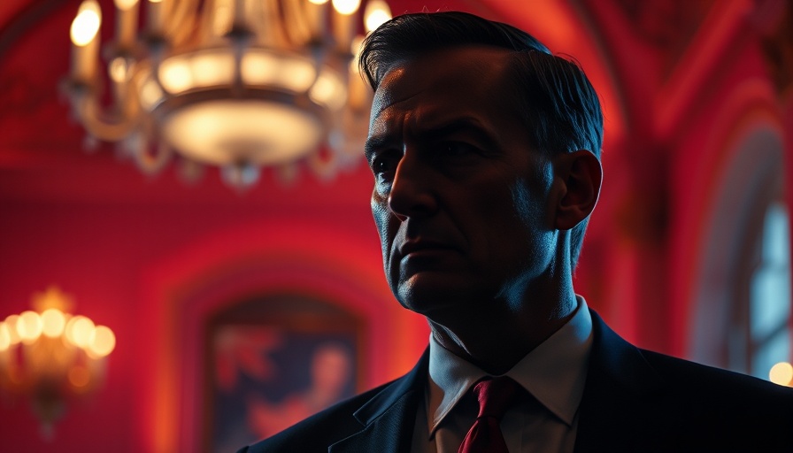 Dramatic portrait of a suited man with red overlay, political theme.