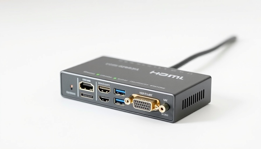 Dual-device KVM switch with HDMI and USB ports on display.