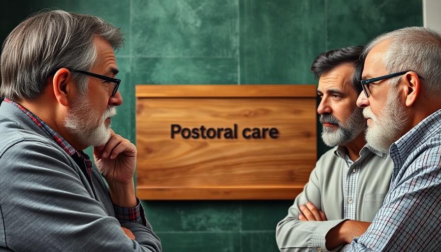 Pastoral care discussion with two men and wooden board text.