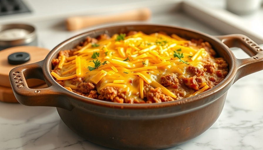 Cheeseburger casserole in rustic pot with melted cheese.