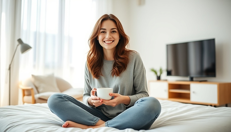 Young woman smiling with tea, relaxing, reducing screen time in cozy room.