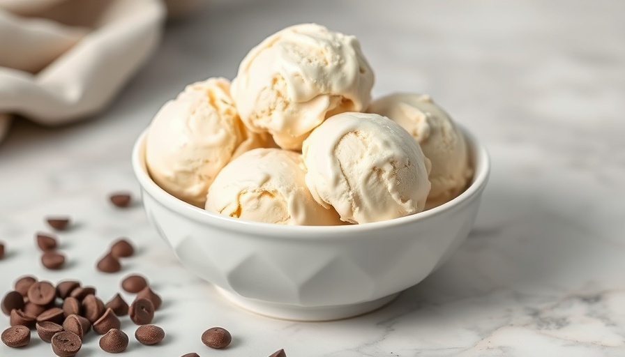 Creamy vanilla protein ice cream in white bowl with chocolate chips.