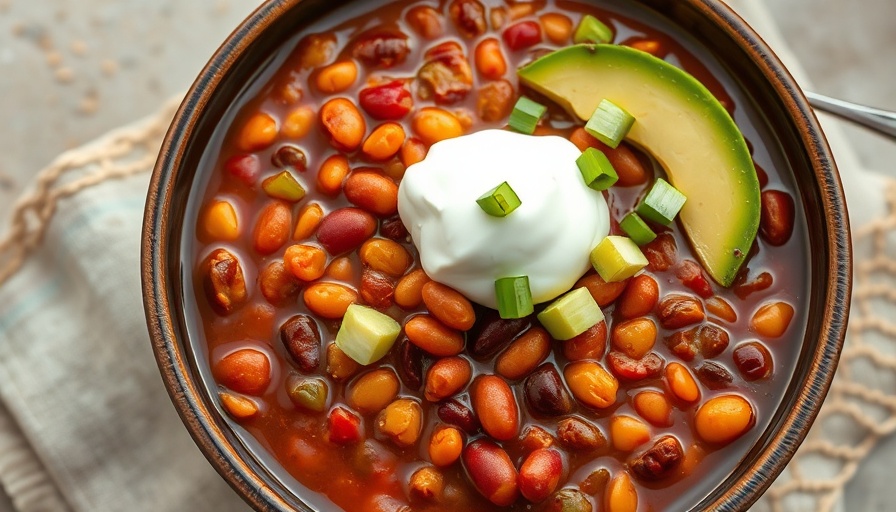 Vibrant vegan chili with avocado and sour cream garnish