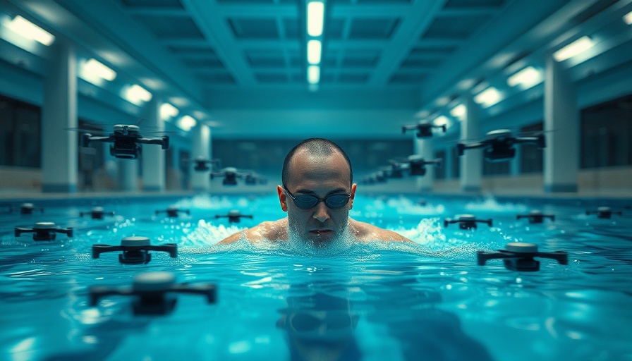 Agentic AI swimmer with robotic drones in futuristic pool.