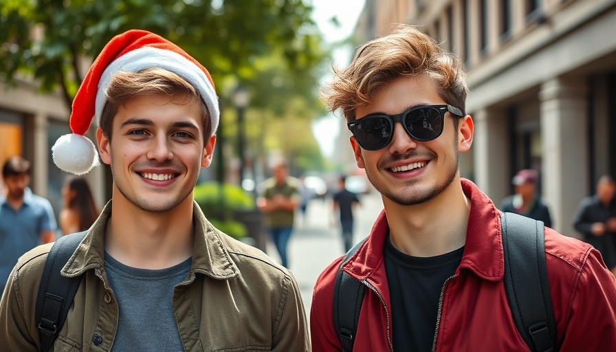 Two young men outdoors in an urban setting, one in a Santa hat, relaxed atmosphere.