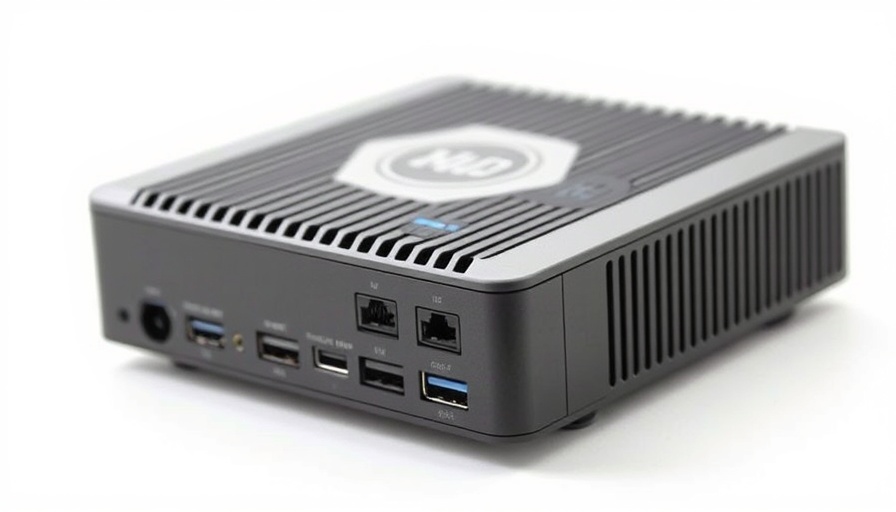 Sleek black and grey mini PC with various ports displayed.