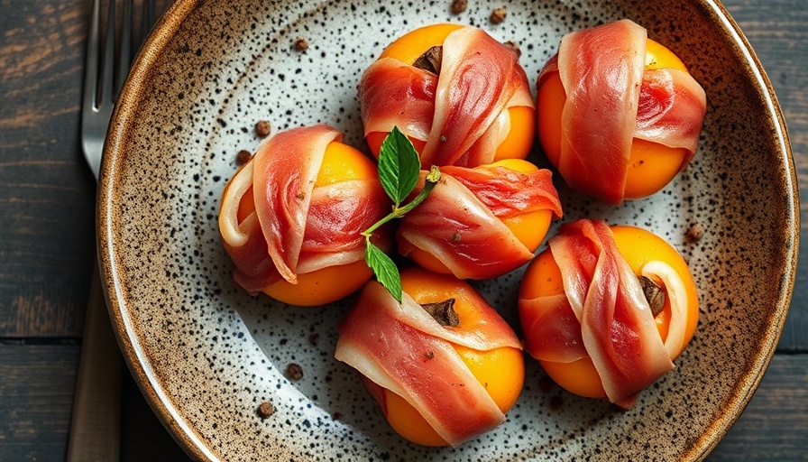 Tasty persimmon recipes with prosciutto and herbs on a rustic plate.