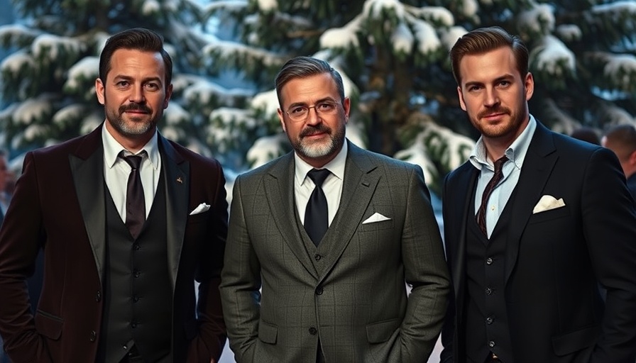 Stylish men in suits posing at an event with snowy backdrop.