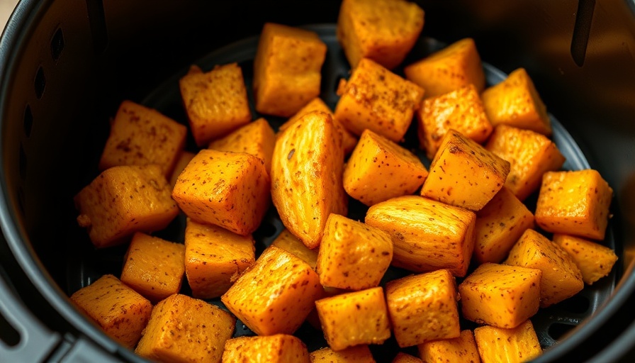 Air fryer butternut squash cubes in a black basket, vibrant orange.