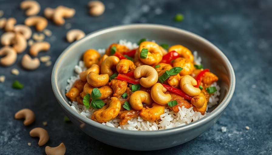 Cashew chicken with vibrant vegetables in a bowl, appetizing meal.