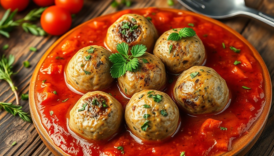 Delicious sardine meatballs in tomato sauce on white platter.