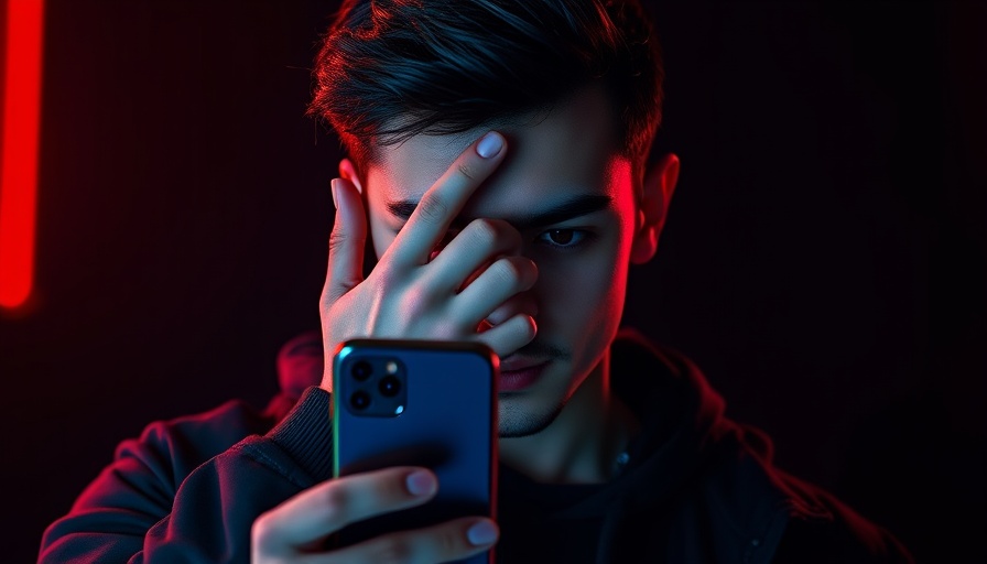 Young man covering face with phone in neon style, social media boundaries theme.