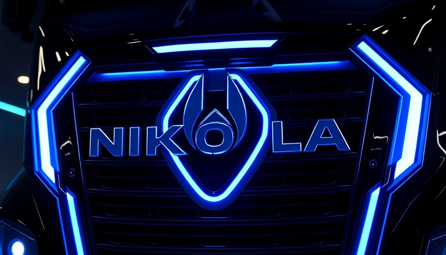 Futuristic Nikola truck grille with glowing logo, Nikola shares.