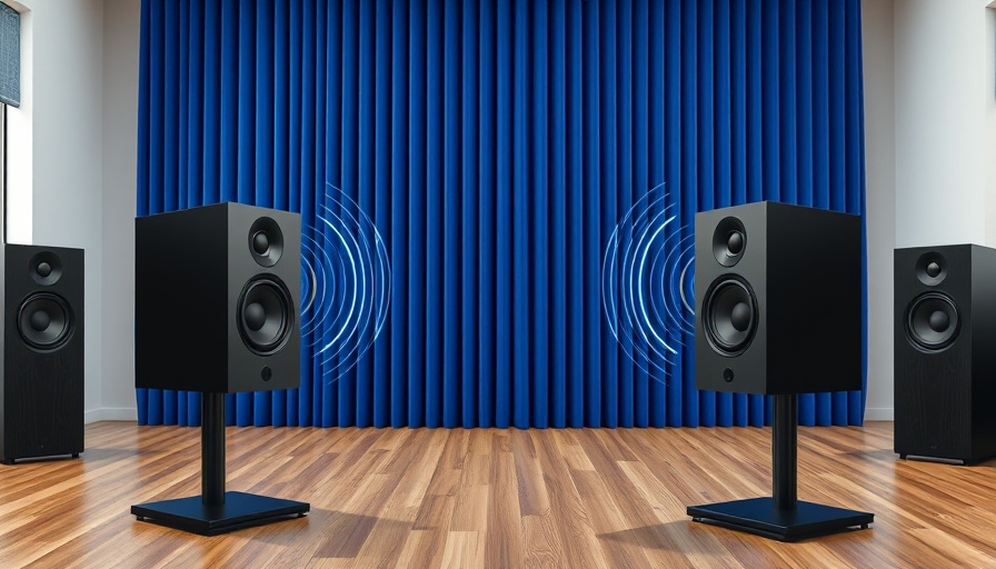 Illustration of soundproofing tips with speakers and sound wave barrier.