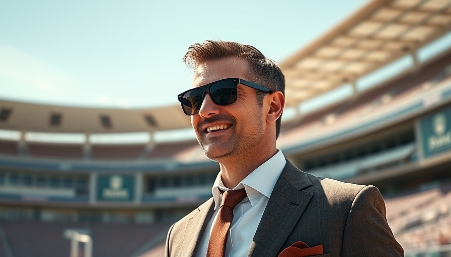 Stylish man in suit at sunny stadium, showcasing Tom Brady fitness.