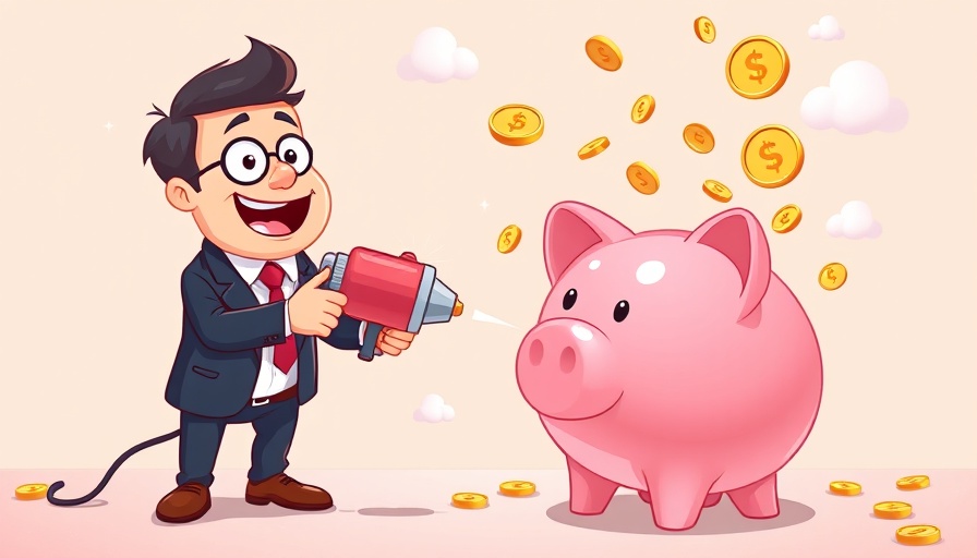 Cartoon of a businessman inflating a piggy bank, Rollfi payroll acquisition