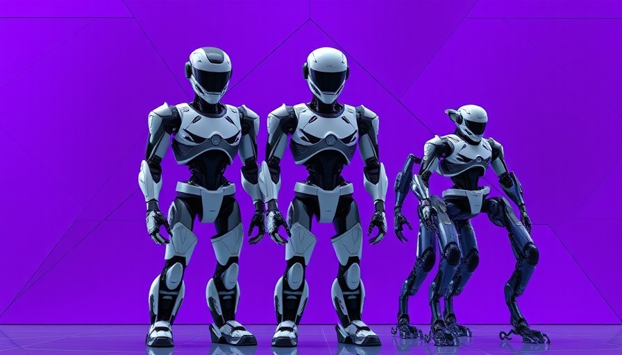 Futuristic humanoid and quadruped robots against a purple geometric backdrop.